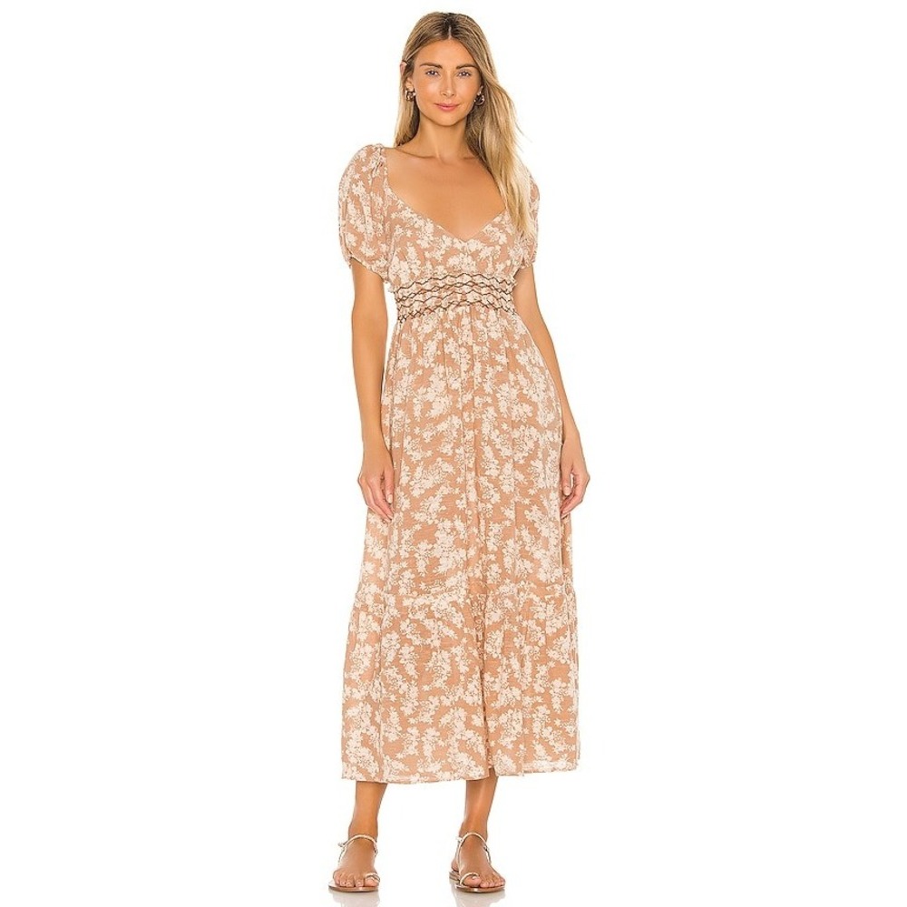 NEW Free People Ellie Printed Maxi Dress Neutral Tan Size Extra Small Cotton